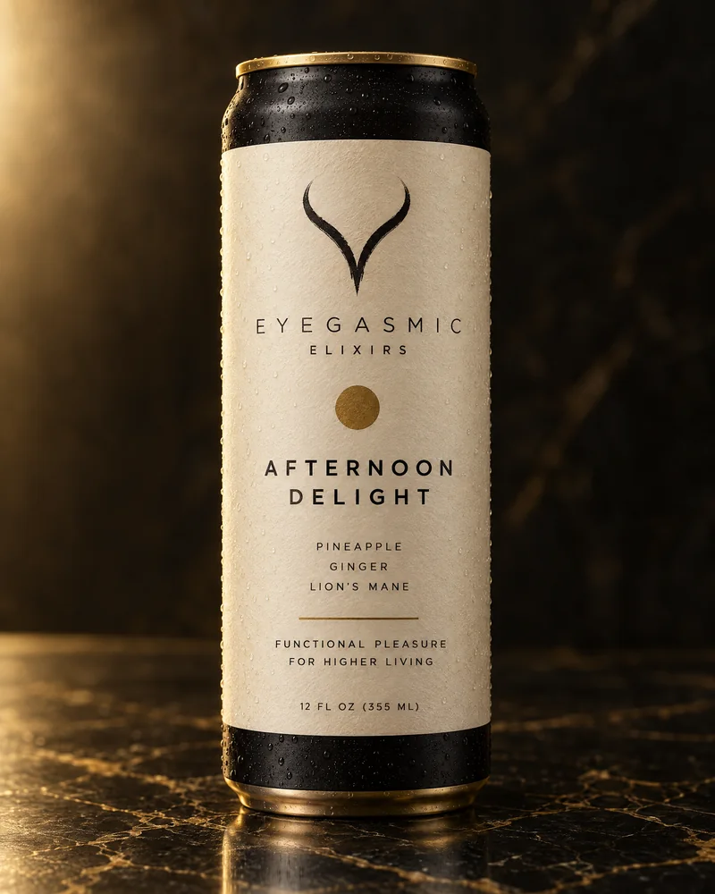 Afternoon Delight, two matte black bottles with cream bands.