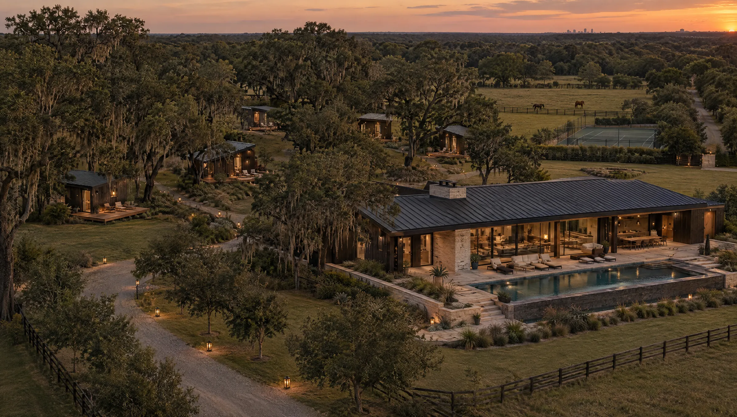 An elevated view of the Houston Estate at dusk: a low clubhouse with a pool, a cluster of tiny guest homes under live oaks, a tennis court and a horse paddock, on open land outside the city.