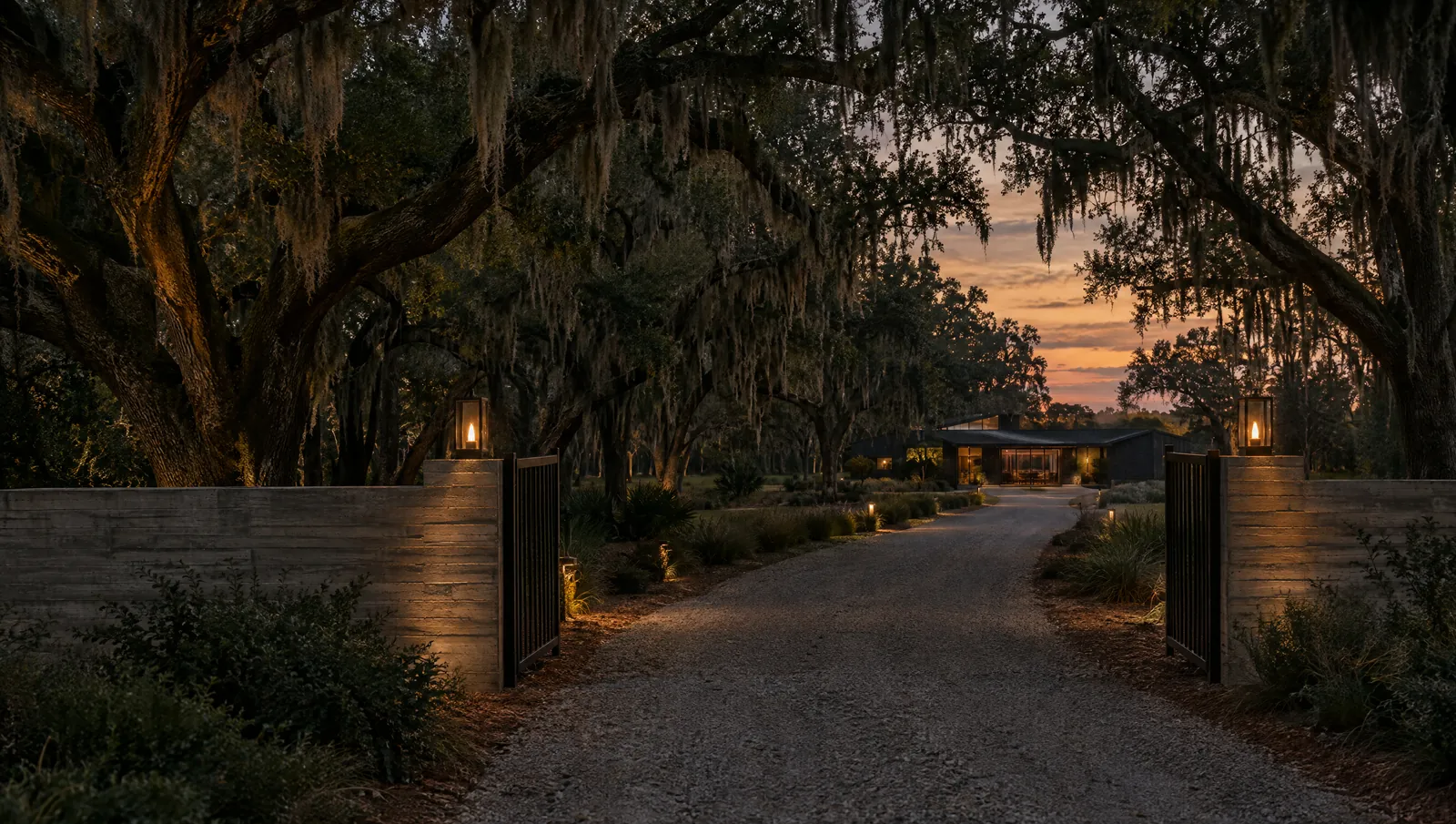 A long gravel drive under live oaks toward a low stone wall and an open black gate, with no signage.