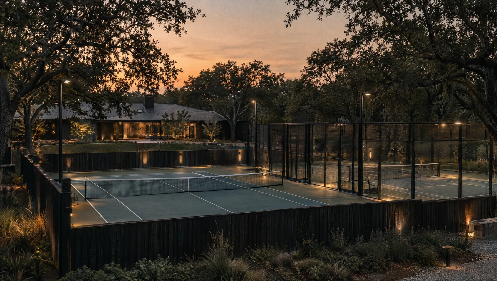 A private court lit low at dusk, screened by charred timber, with the clubhouse glowing beyond the oaks.