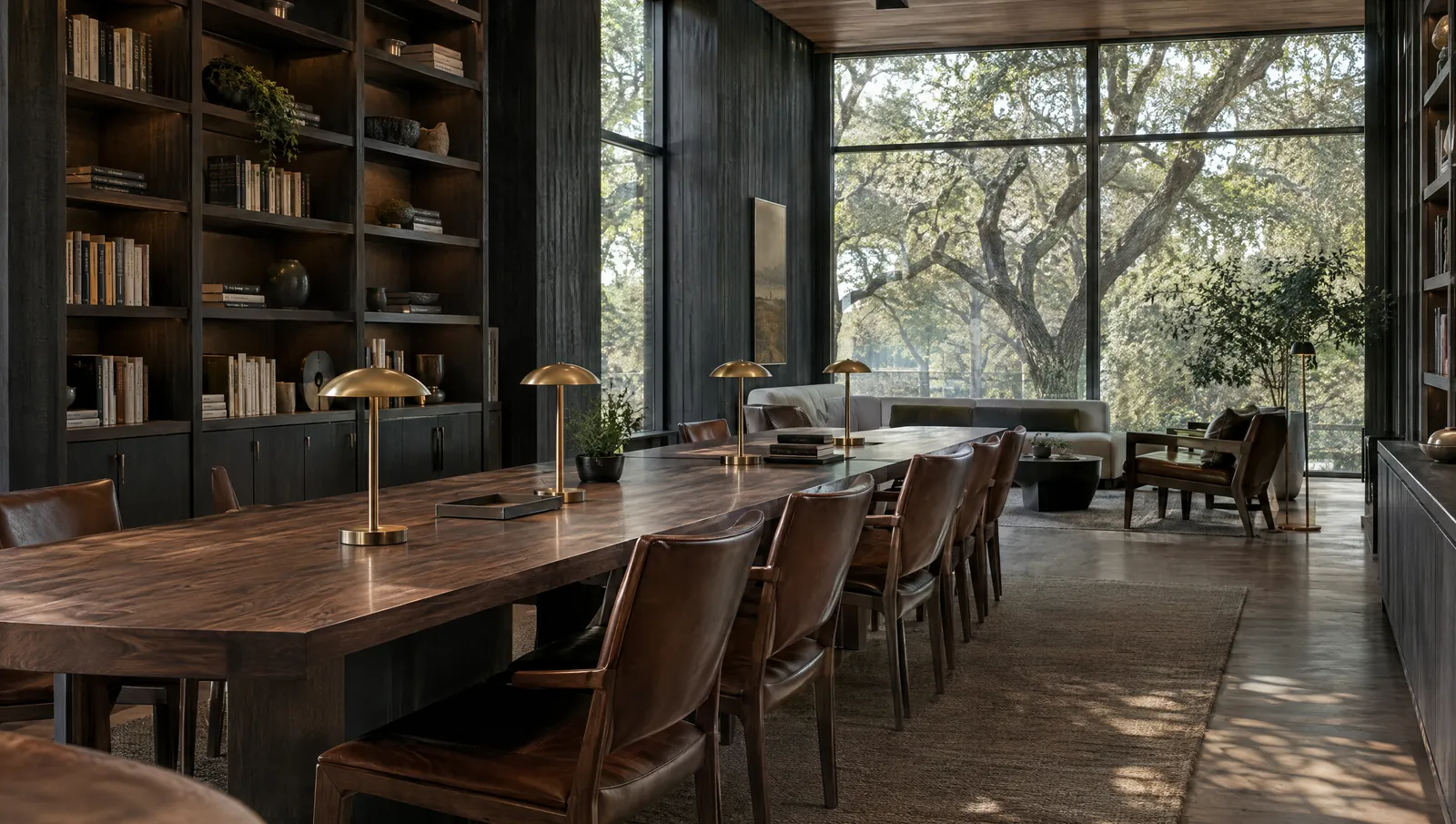 A co-working lounge with long walnut tables, leather chairs and brass lamps, windows onto live oaks.