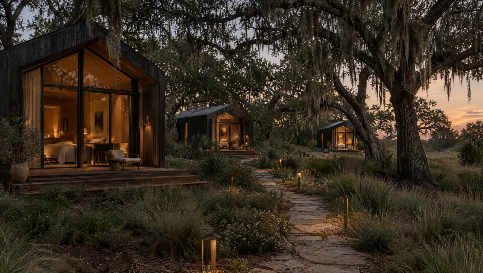 A cluster of charred-cedar tiny guest homes with glass fronts and decks, linked by lantern-lit paths under live oaks.