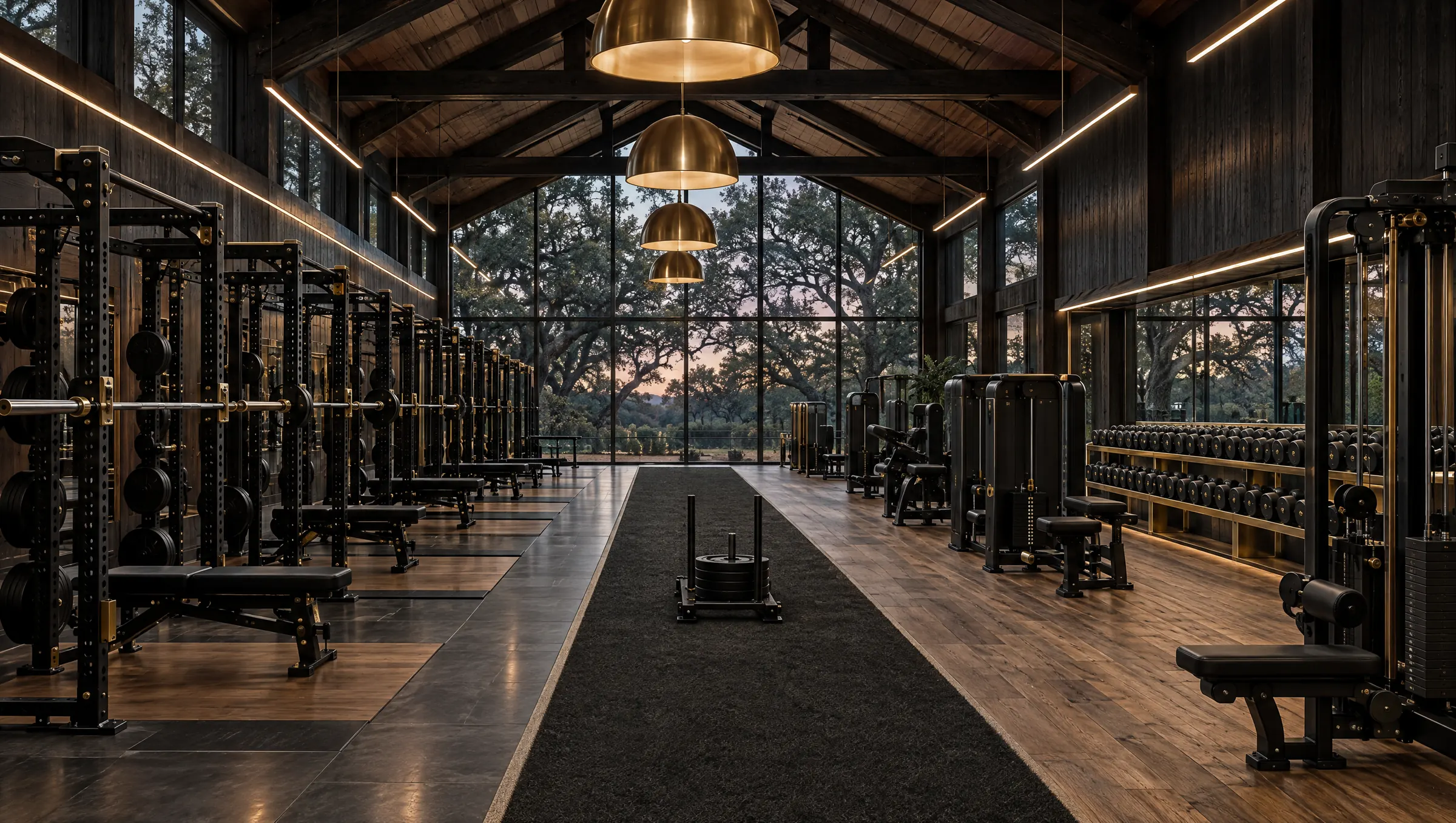 The Houston Estate gym: a double-height hall of dark timber trusses and charred cedar, a glass wall onto live oaks at dusk, a long line of custom racks, a brass dumbbell wall and a sled lane.