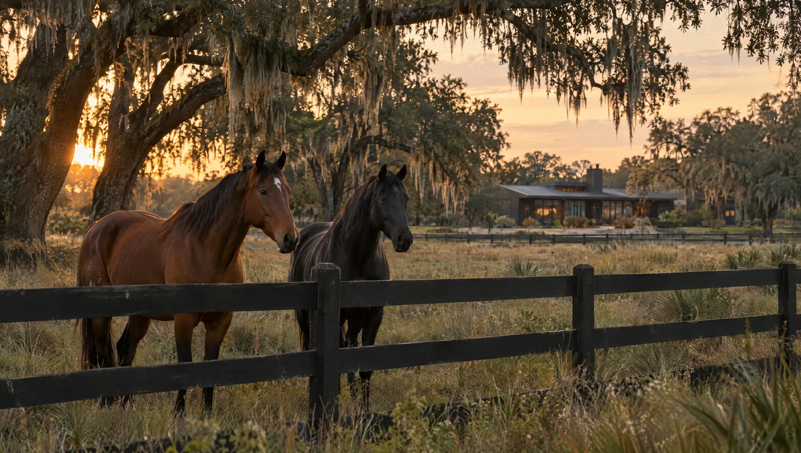 Two horses, a bay and a black, at a black timber fence in a pasture under live oaks at golden hour.