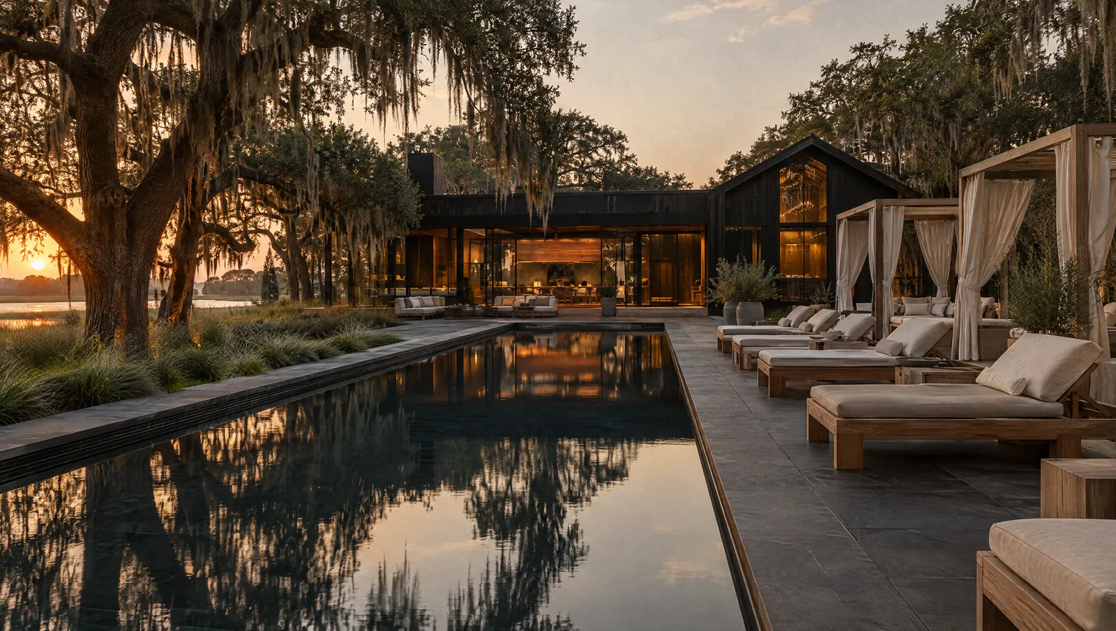 A long black-stone pool at golden hour with oak loungers and linen cabanas under live oaks.