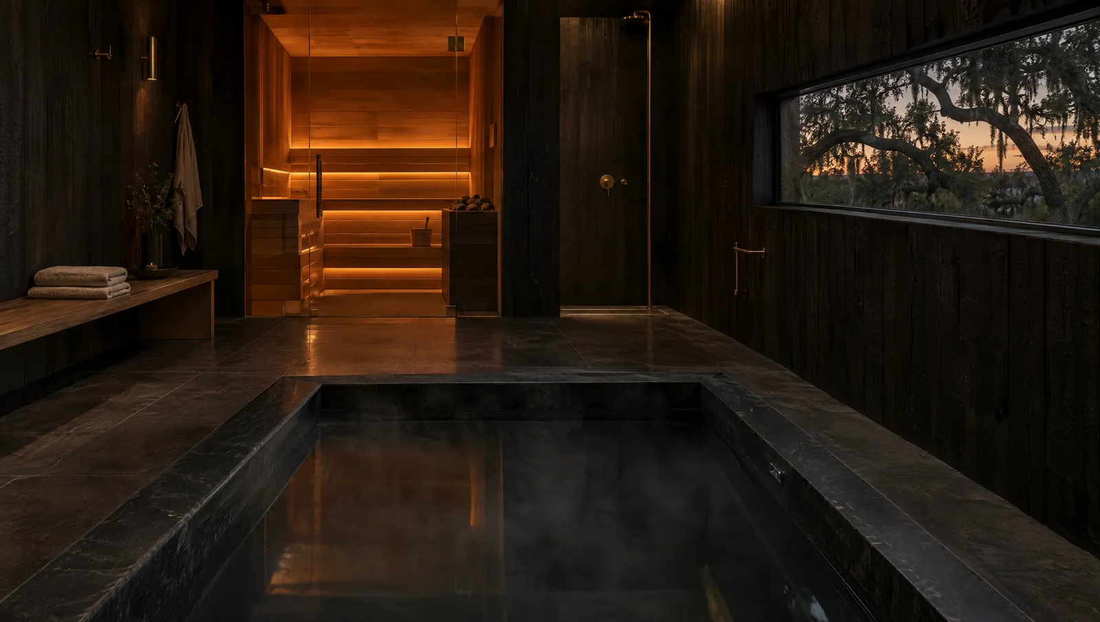The recovery suite: a black-stone cold plunge in the foreground, a cedar sauna glowing amber behind it, and a slot window onto live oaks at dusk.