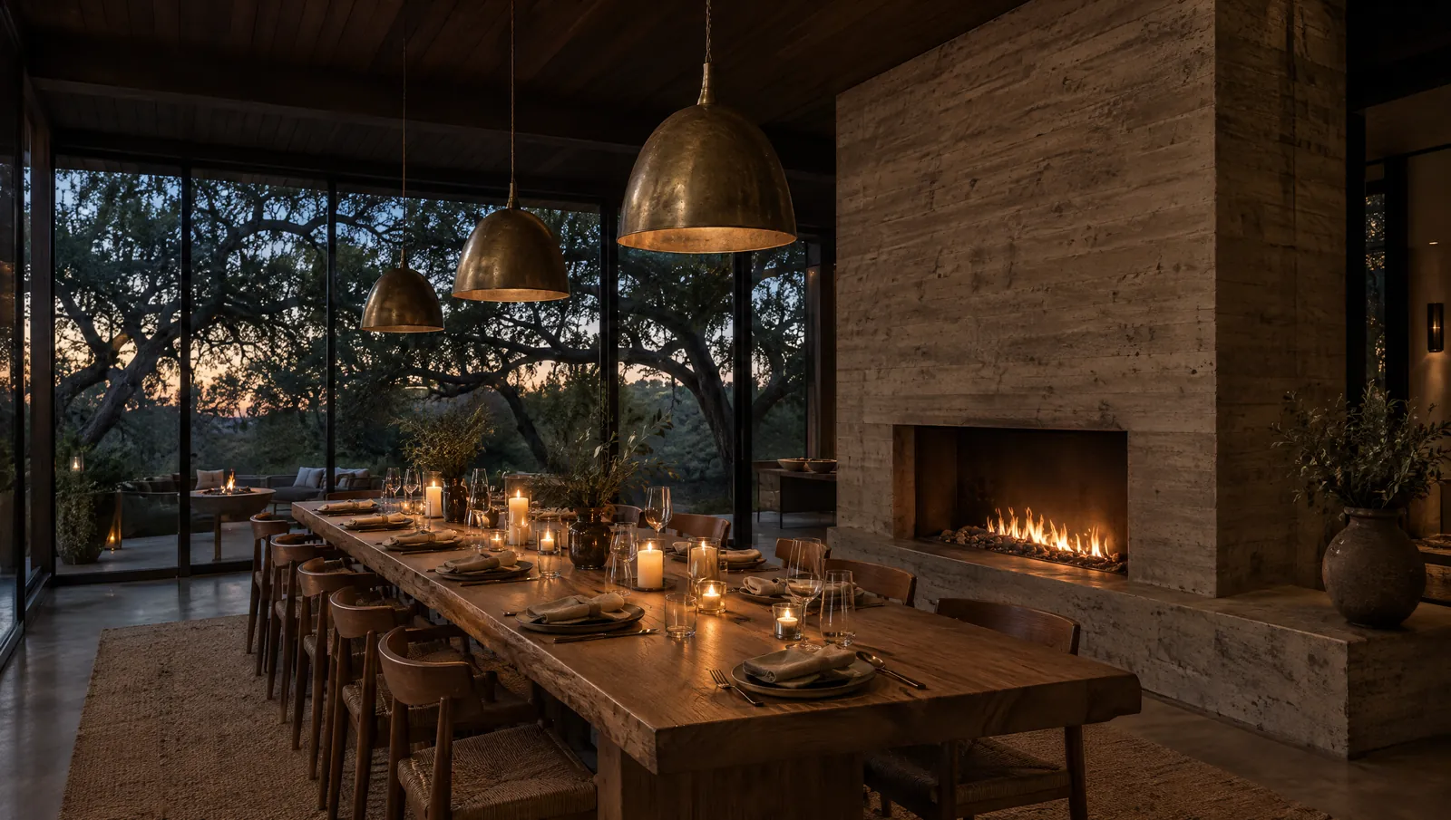 A long oak table set for dinner beside a stone fireplace, with glass walls onto live oaks at dusk.