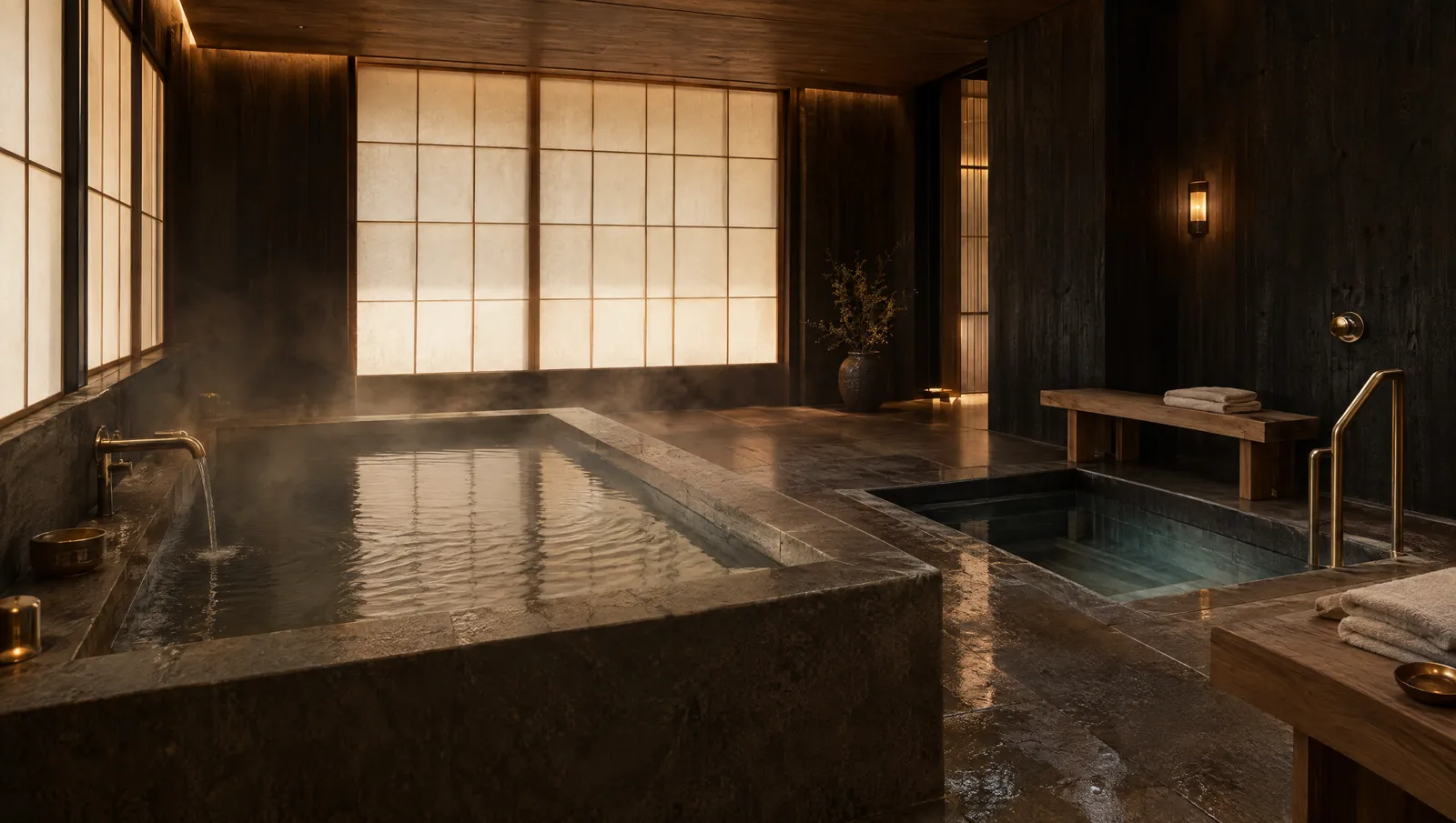 A stone soaking pool and plunge pool in a spa of charred cedar and glowing paper screens.