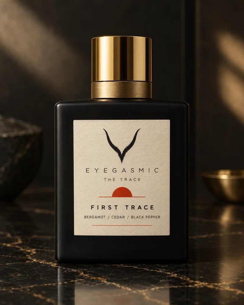 First Trace, a black fragrance flacon with a stone stopper in morning light.