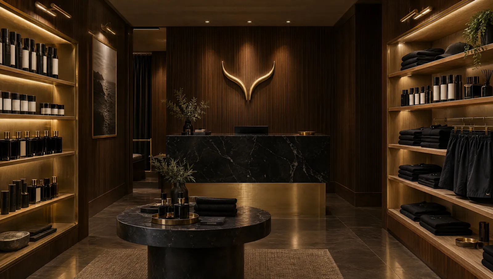 A small boutique inside the Houston flagship: dark walnut shelving with brass rails, a black marble counter, and the Eyegasmic collection on display.