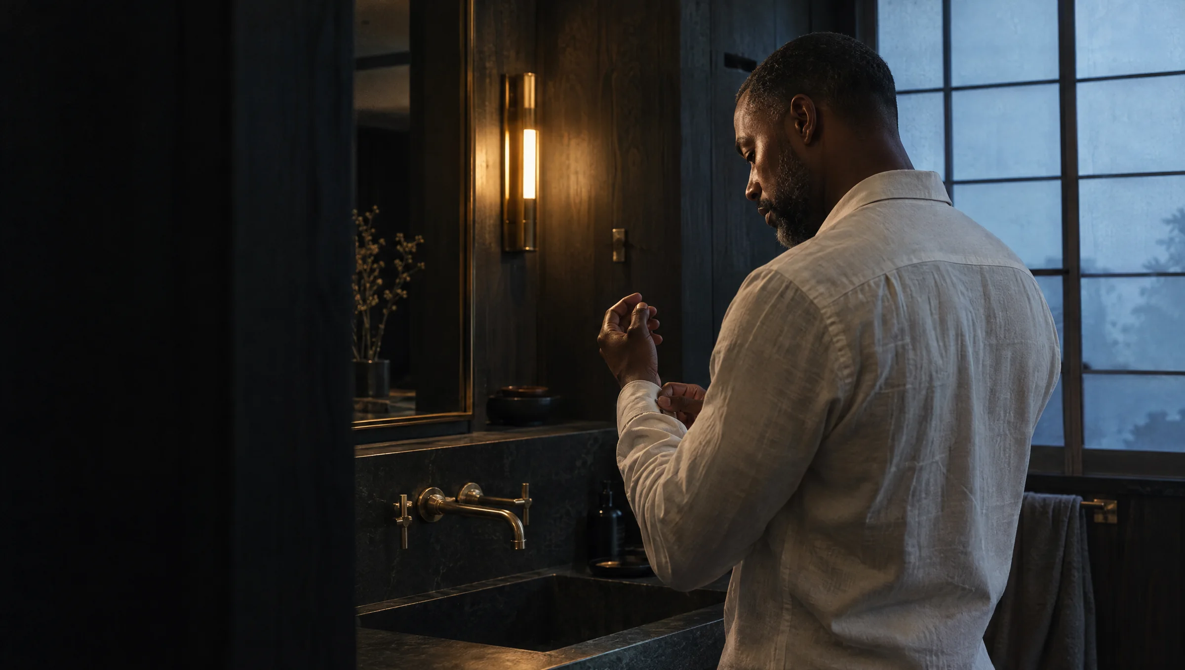 A man in a linen shirt buttons his cuff at a stone vanity in the last dark before sunrise.