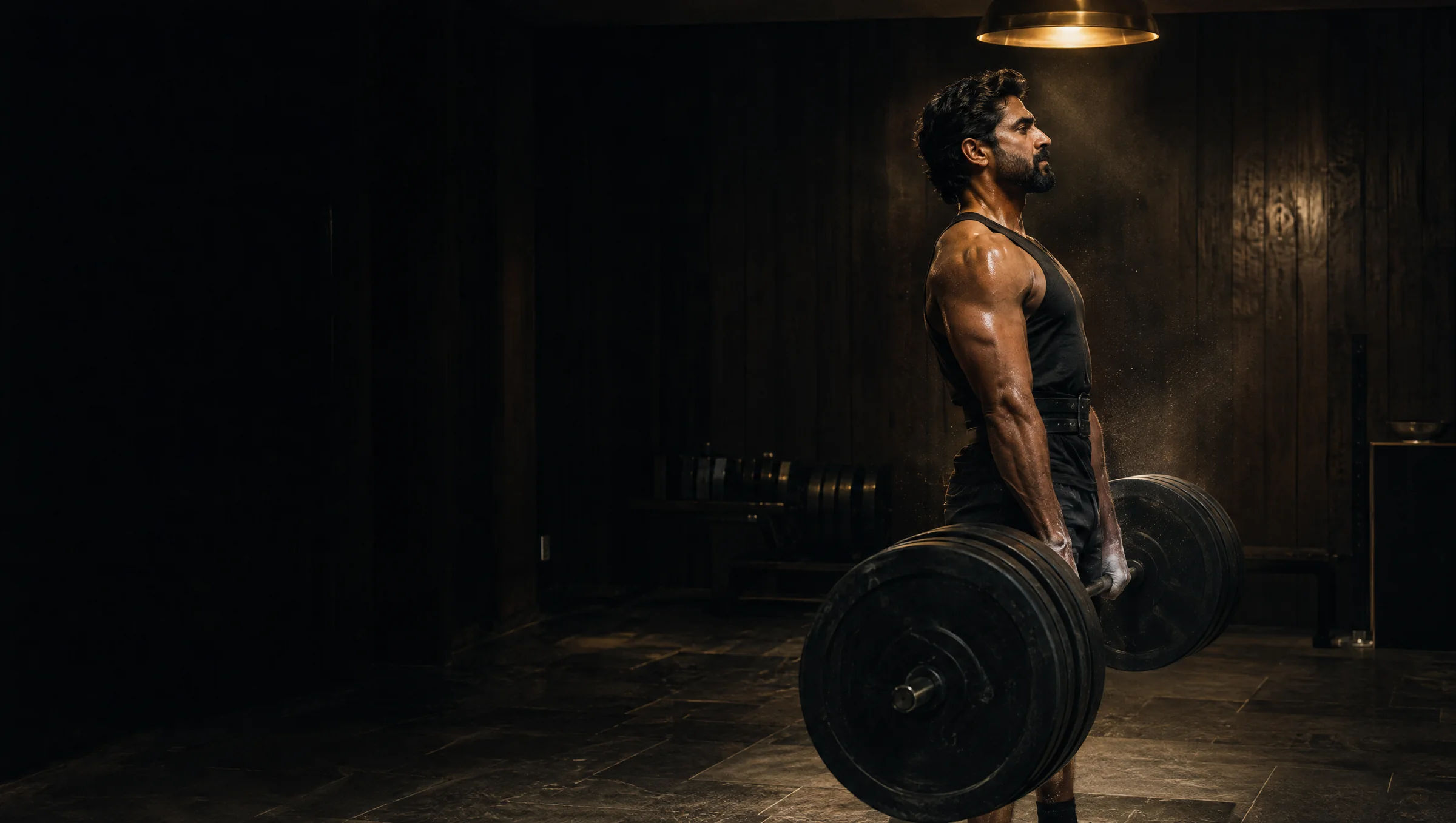 A man finishes a heavy barbell set in a private training room lit by a single brass lamp.