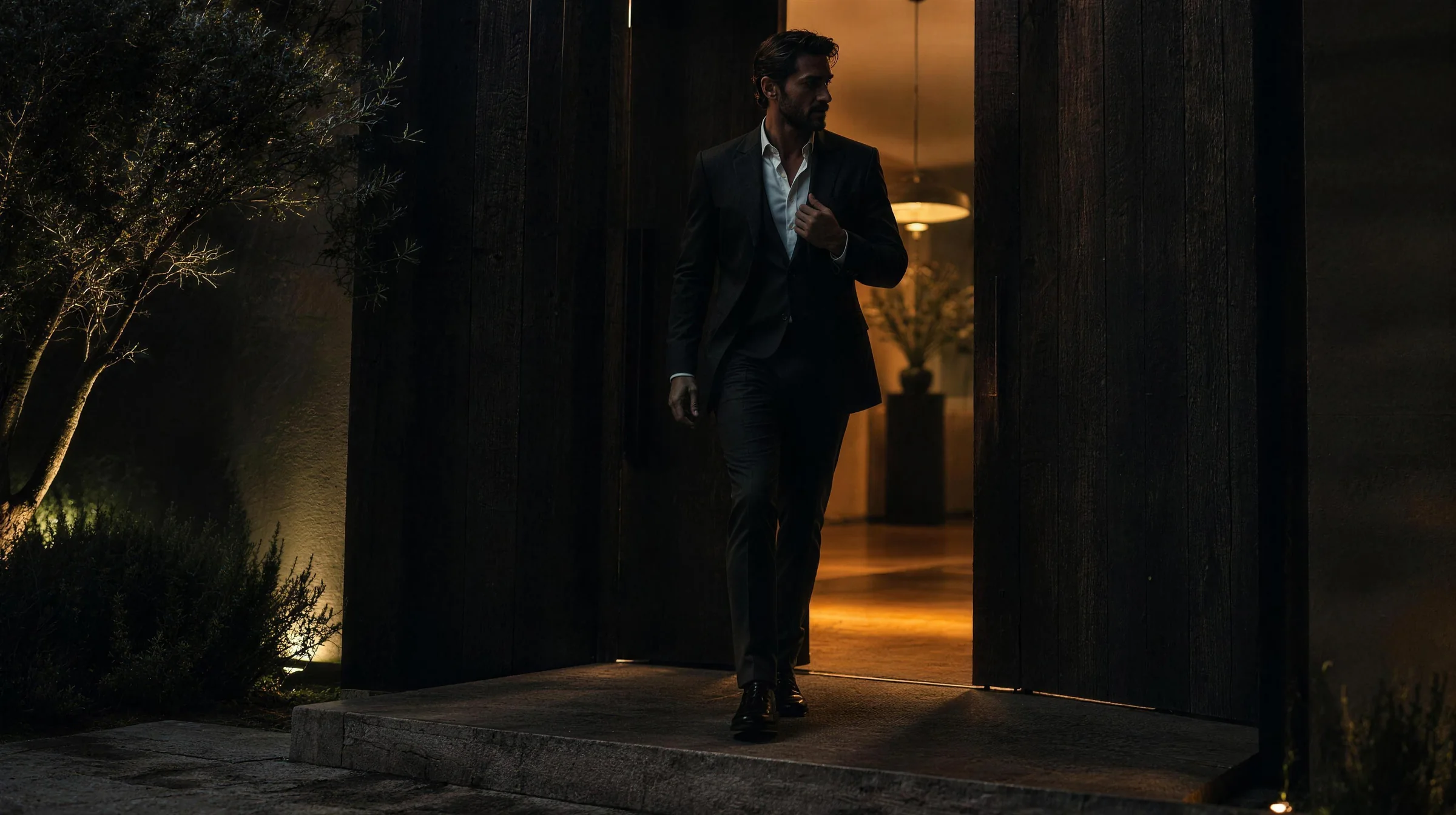 A man in a dark suit steps out of a charred-timber doorway into the night.