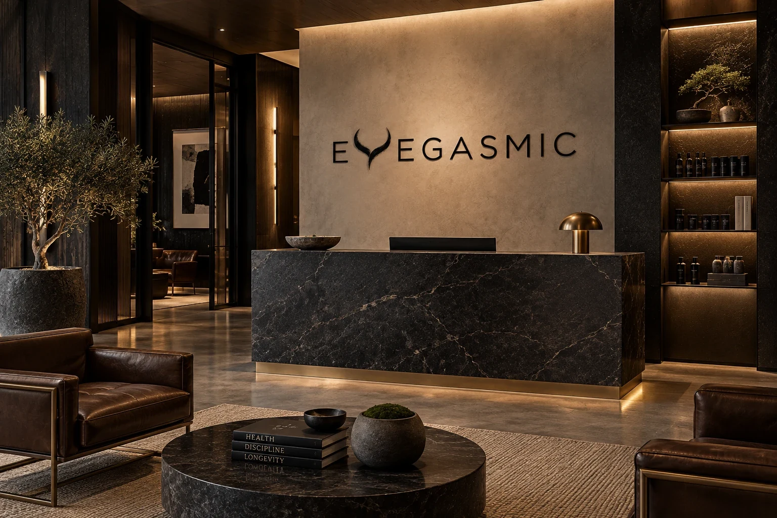 The reception: a black marble desk with a brass base, the Eyegasmic wordmark on a plaster wall, leather lounge chairs.