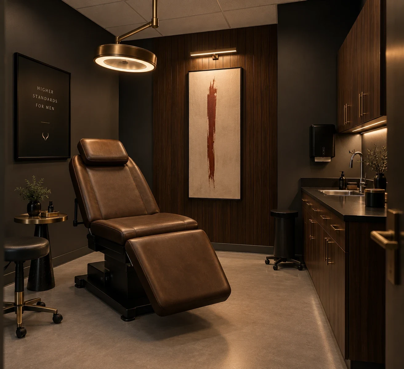 A Houston clinic treatment room in dark walnut and brass, with a leather treatment chair and a framed brush-ink horn.