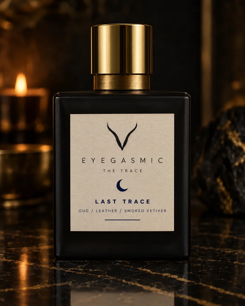 Last Trace, a black fragrance flacon beside a candle.