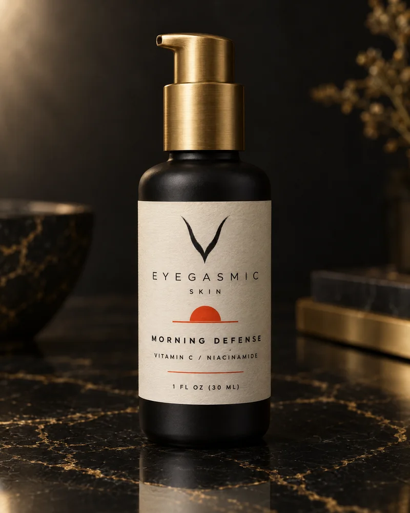 Morning Defense, a matte black skincare bottle with a brass dropper.