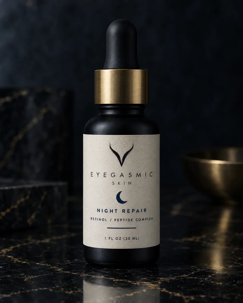 Night Repair, a matte black tube and jar with brass details.