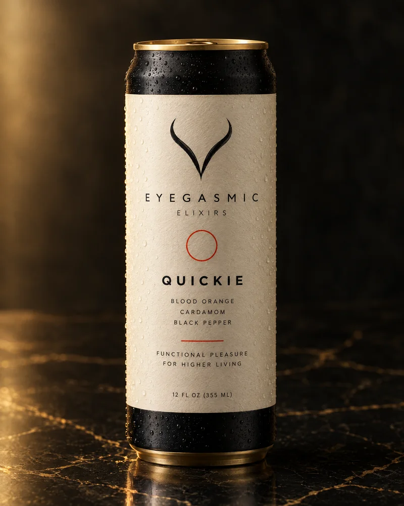 Quickie, a matte black bottle with a cream band and brass cap.