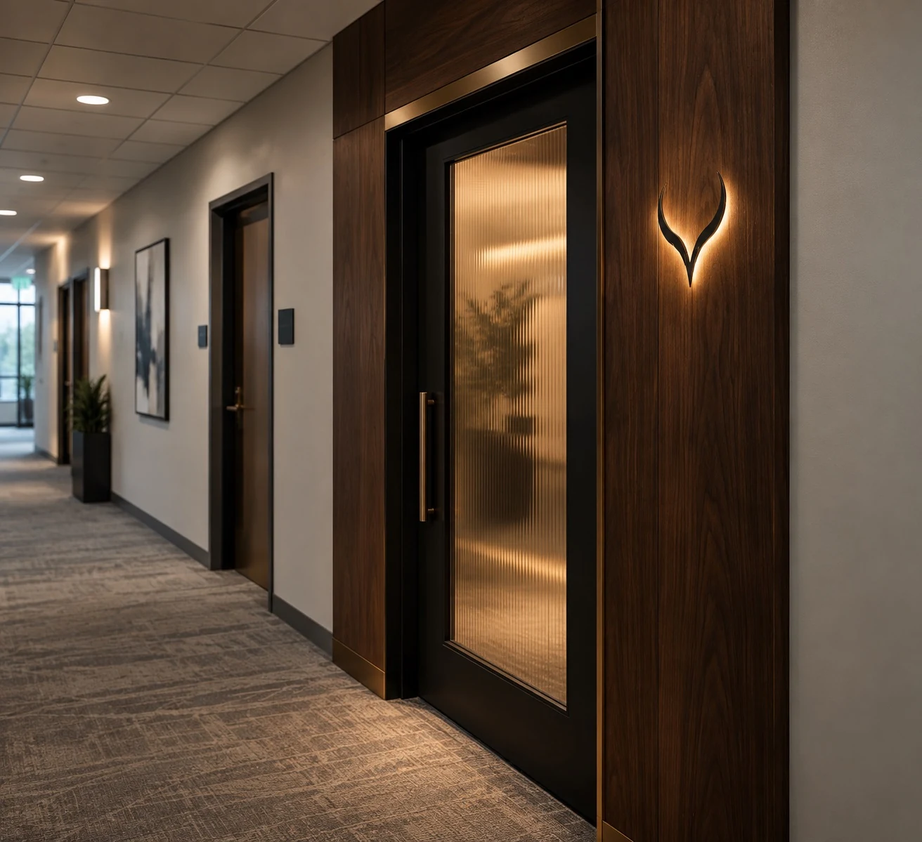 A walnut-paneled medical suite entrance with a reeded amber glass door, brass trim, and a softly lit horn mark on the wall.
