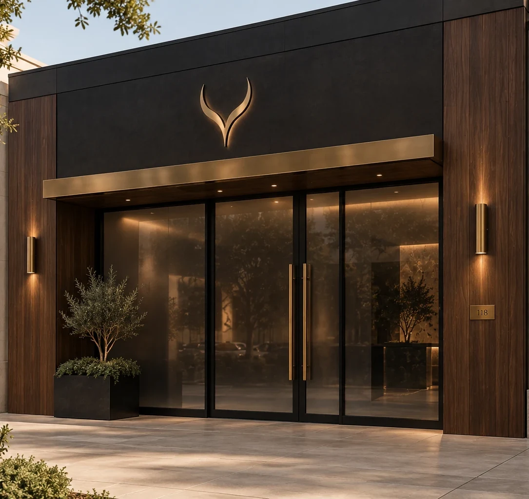 A walk-up clinic storefront in a shopping center: a dark facade, walnut panels, a brass canopy, and a lit horn mark above glass double doors.