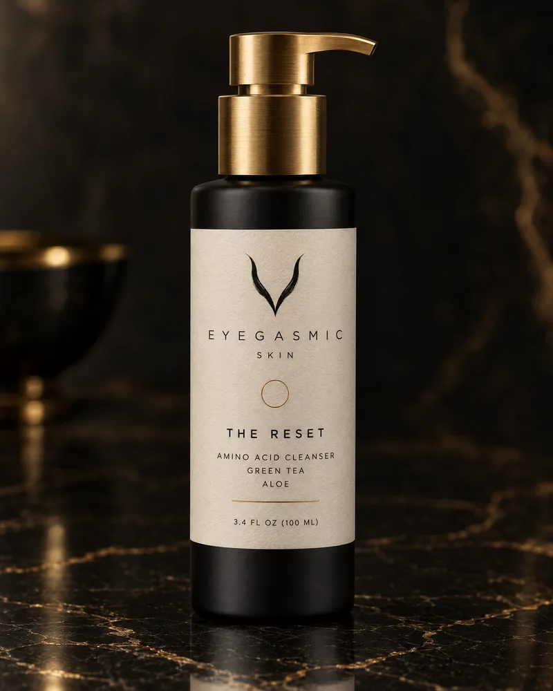 The Reset, a matte black pump bottle with a cream label area.