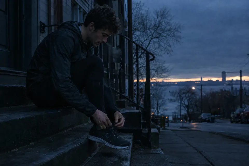 A man sits on a stoop tying his shoes at blue dusk, a city skyline beyond the railing.
