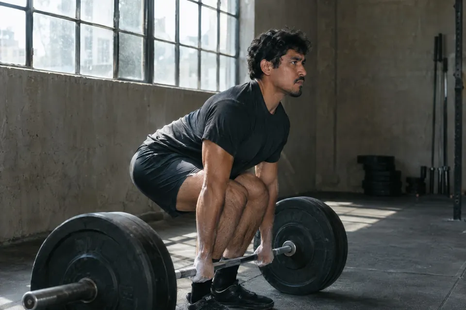 A man in a concrete-walled gym lowers into a squat at the bottom of a barbell lift.