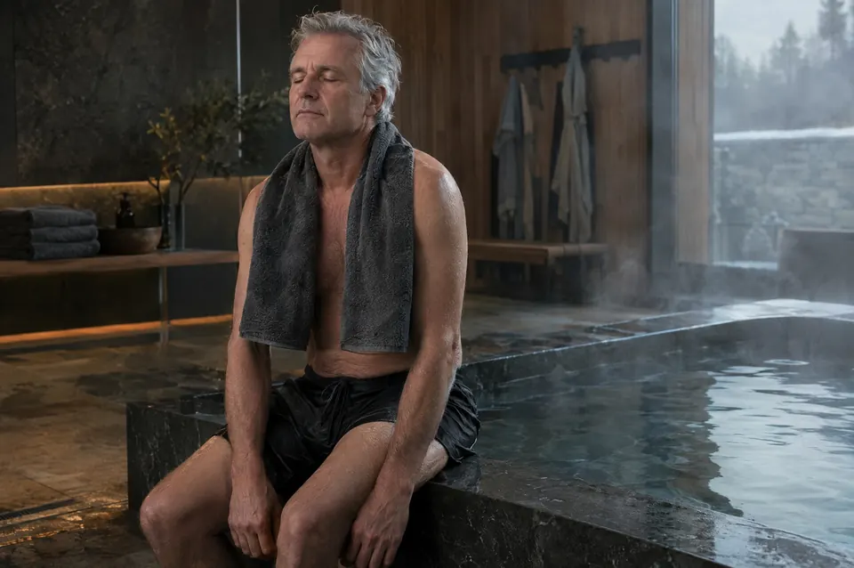 A grey-haired man sits on the edge of an outdoor cold plunge, steam rising, a towel around his shoulders.
