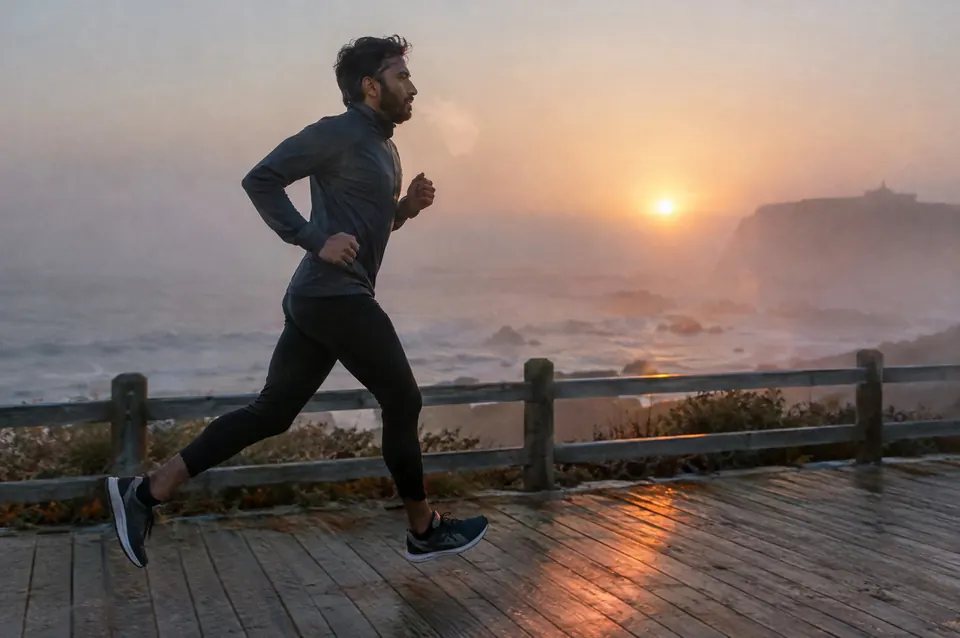 A man runs along a coastal path as the sun rises through sea mist.