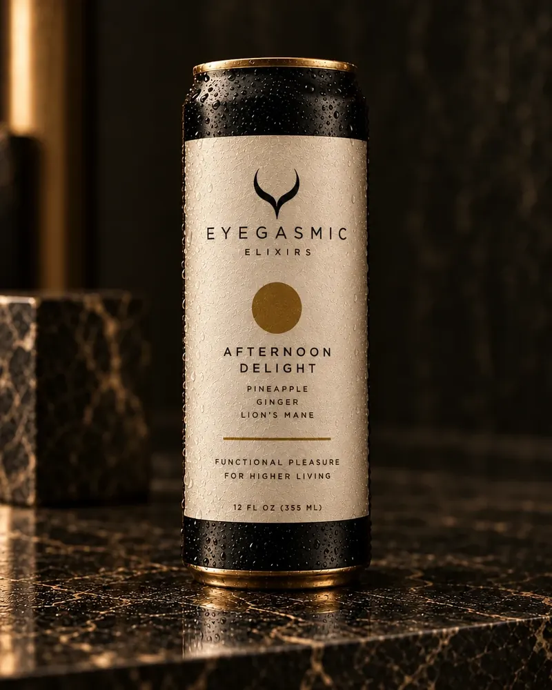 An EYEGASMIC Elixirs can, Afternoon Delight, with the horn mark on a cream label, on black marble. Concept rendering.