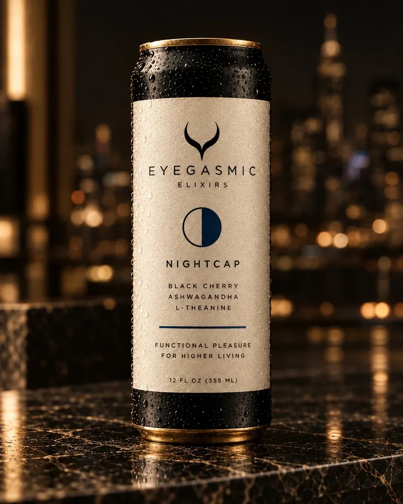An EYEGASMIC Elixirs can, Nightcap, with the horn mark on a cream label, on black marble with a city view. Concept rendering.