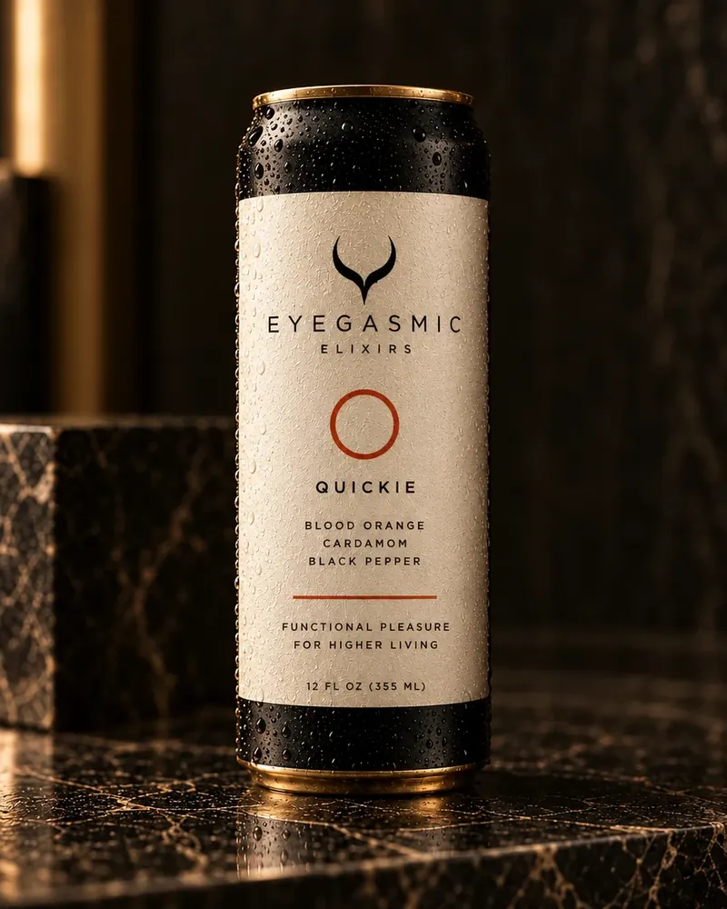 An EYEGASMIC Elixirs can, Quickie, with the horn mark on a cream label, on black marble. Concept rendering.