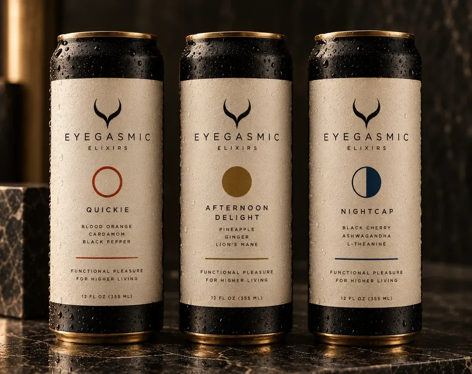Three EYEGASMIC Elixirs cans, Quickie, Afternoon Delight and Nightcap, each with the horn mark on a cream label, on black marble. Concept rendering.