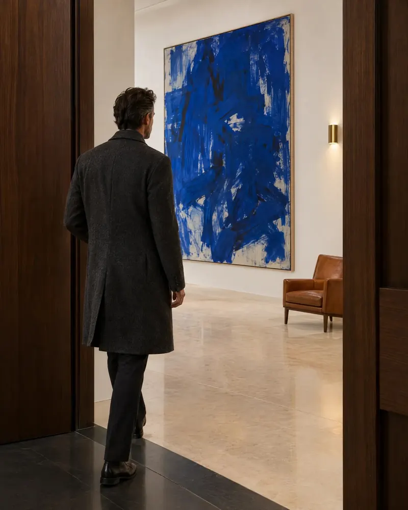 A man in an overcoat walks past a large blue painting into a calm, light-filled corridor.