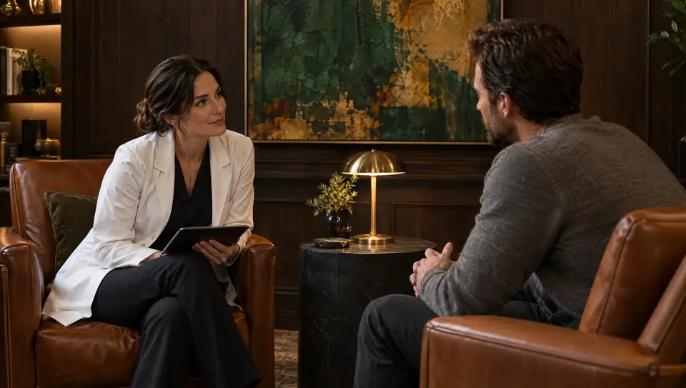 A woman clinician in a white coat and a man talk in leather armchairs in a warm study.