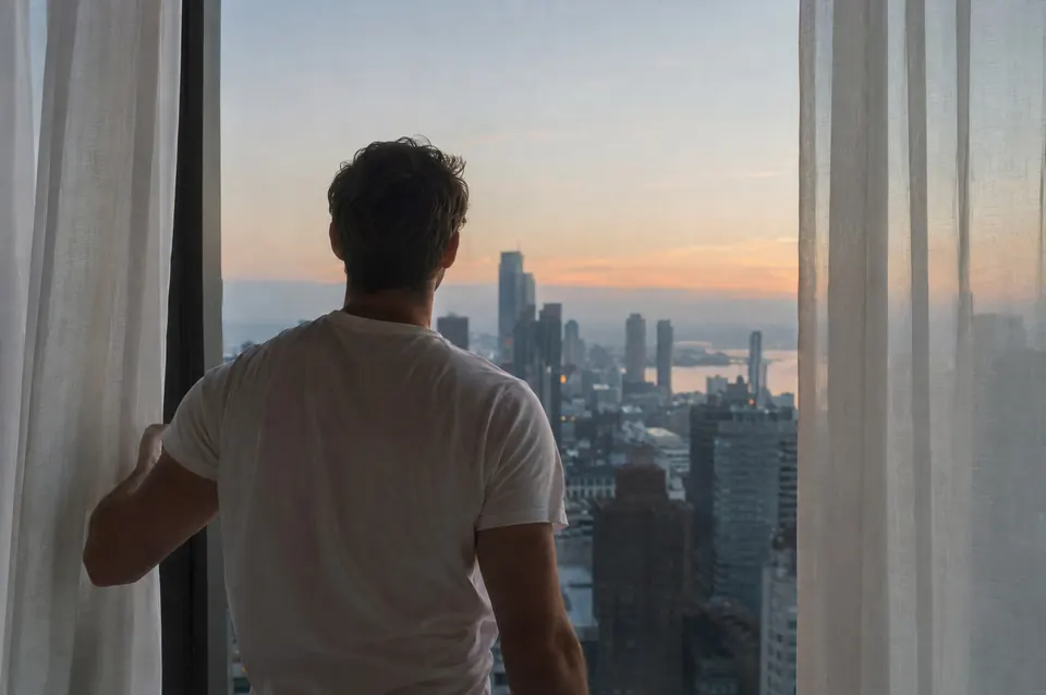 A man in a white t-shirt stands at a tall window, curtains drawn back, looking out at a city waking at sunrise.