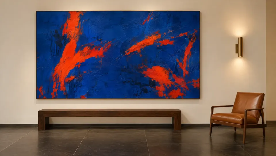 A large blue and vermilion painting on a white wall above a walnut bench and a cognac chair. Concept rendering.