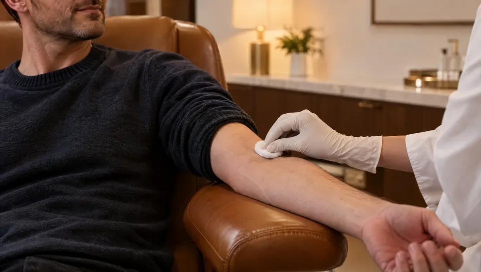 A man rests his forearm on a leather armrest while a clinician holds a cotton pad at his elbow. Concept rendering.