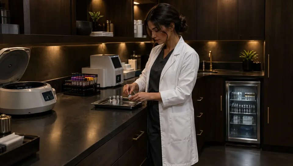 A clinician works at a counter beside a laboratory centrifuge and instruments. Concept rendering of a planned on-site lab.