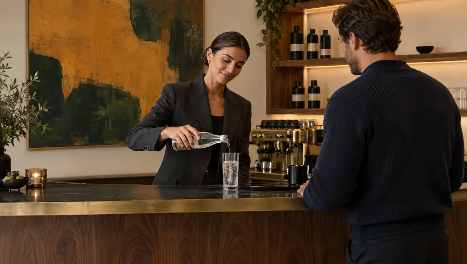 A host pours water for a guest at a walnut hospitality counter with shelves of glassware behind. Concept rendering.