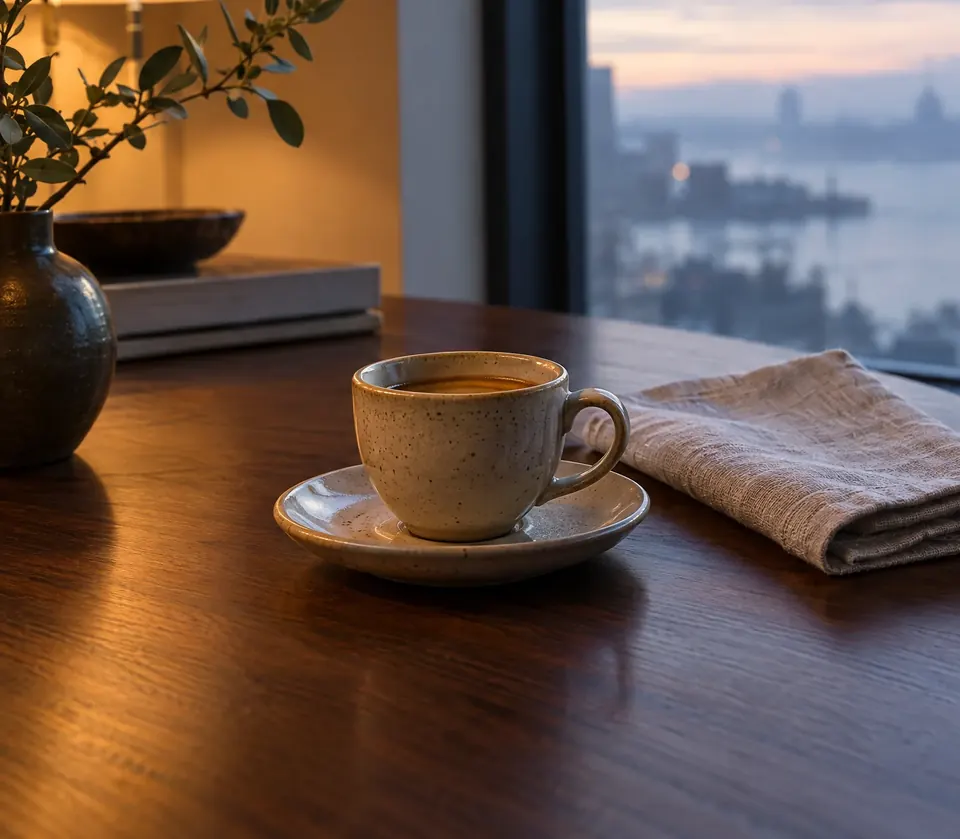 A cup of coffee and a folded napkin on a walnut table by a window over the city at dusk. Concept rendering.