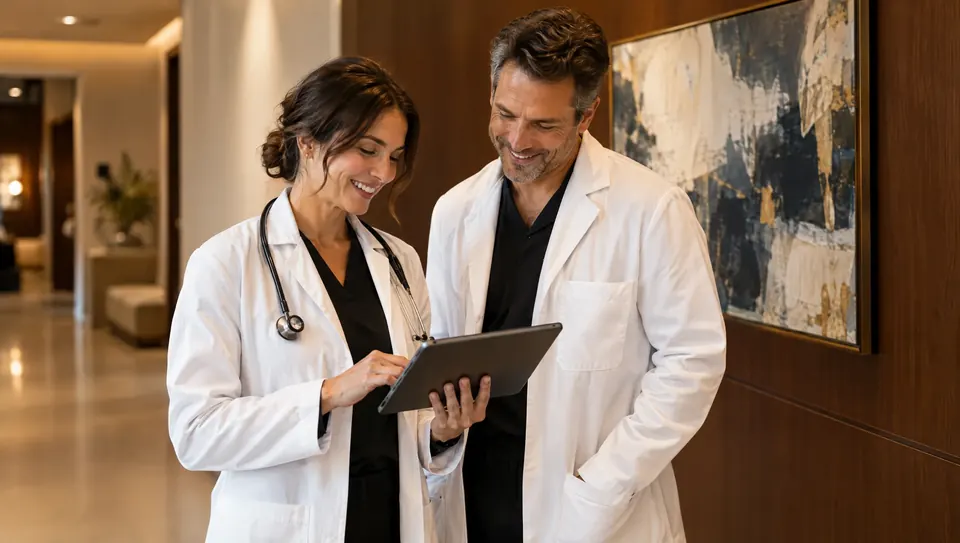 Two clinicians in white coats review a tablet together in a bright corridor. Concept rendering.