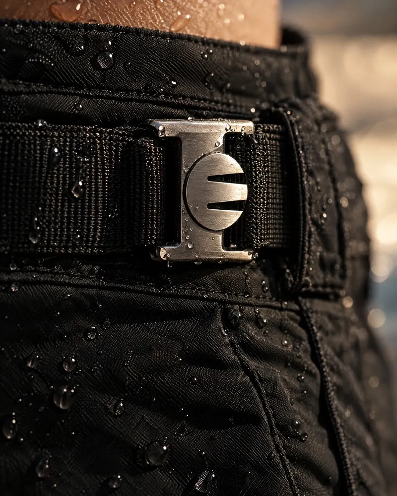 Concept render: a close detail of the FORM 05 Tailored Swim Short showing the flat front, side adjusters and restrained E detailing.