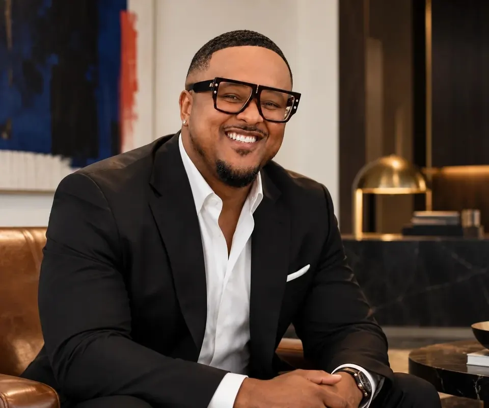 Portrait of Brennon Jackson, founder of EYEGASMIC, smiling in a black blazer and glasses on a leather sofa.