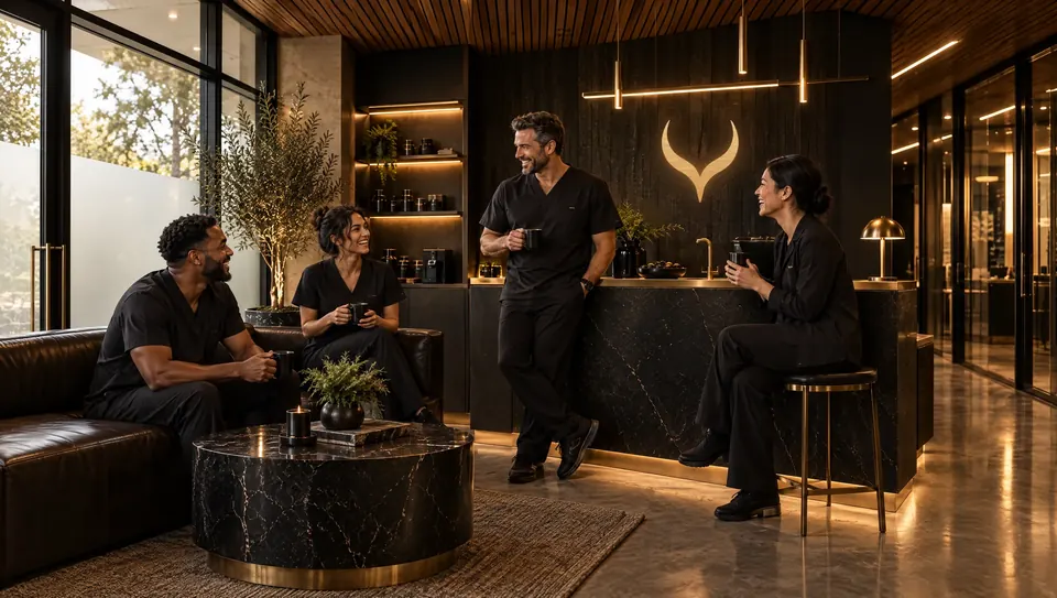 A host and clinicians in dark scrubs talk with a guest around a marble table in the lounge of a planned EYEGASMIC clinic. Concept rendering.