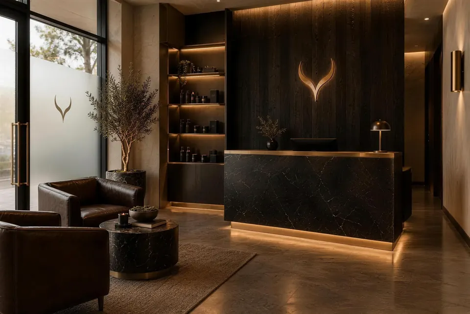 The lounge of a planned EYEGASMIC clinic: a dark stone reception counter with a lit brass horn mark on the wall behind it, leather seating and warm light. Concept rendering.
