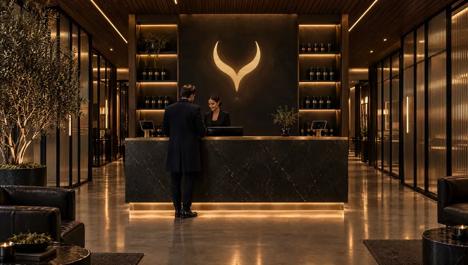 The arrival hall of a planned EYEGASMIC clinic, with a brass horn mark above a stone reception desk and a host welcoming a guest. Concept rendering.
