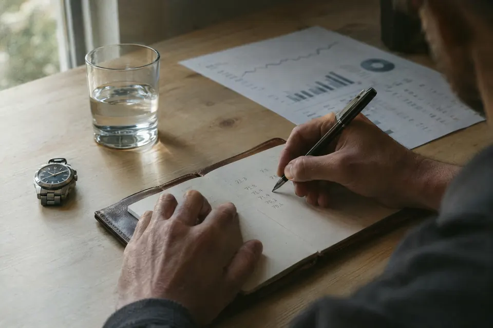 A hand writes in a notebook on a wooden table beside a glass of water and a wristwatch, a page of numbers beside it.