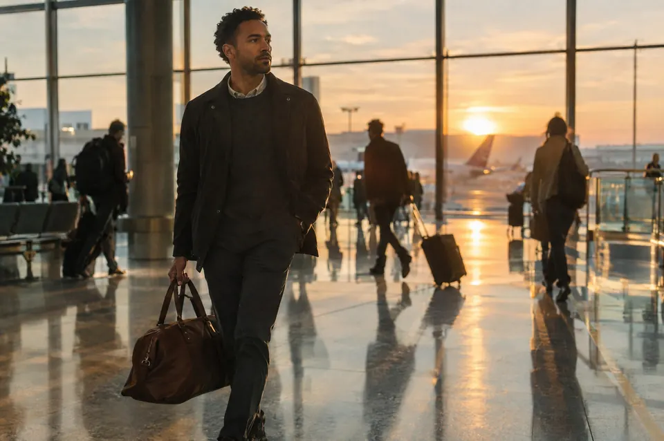 A man in a dark jacket walks through a glass-walled airport terminal at golden hour, leather bag in hand.